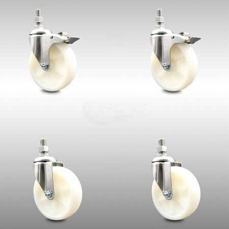 Service Caster 5 Inch 316SS Nylon Wheel Swivel 12mm Threaded Stem Caster Lock Brake, 2PK SCC-SS316TSTTL20S514-NYS-M1215-2-S2